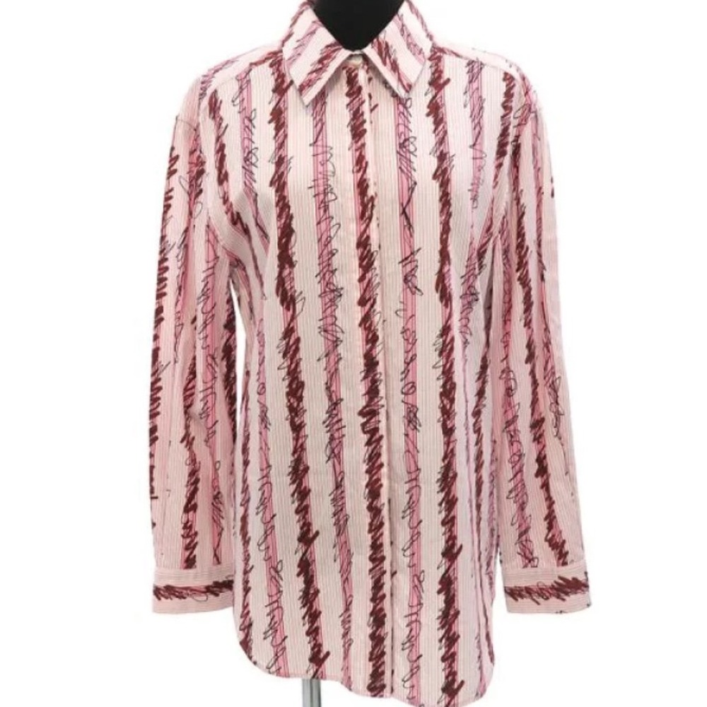 Burberry London England Pink Striped Scribble Graphic Cotton Shirt US 12 UK 14